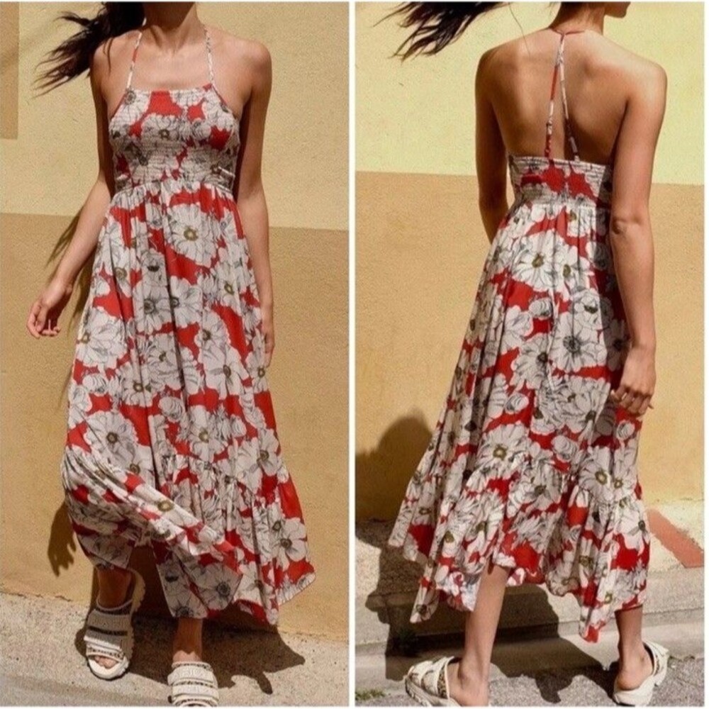 Free People Maxi Dress Womens M Floral Smocked Ruffle Heat Wave Resort Boho